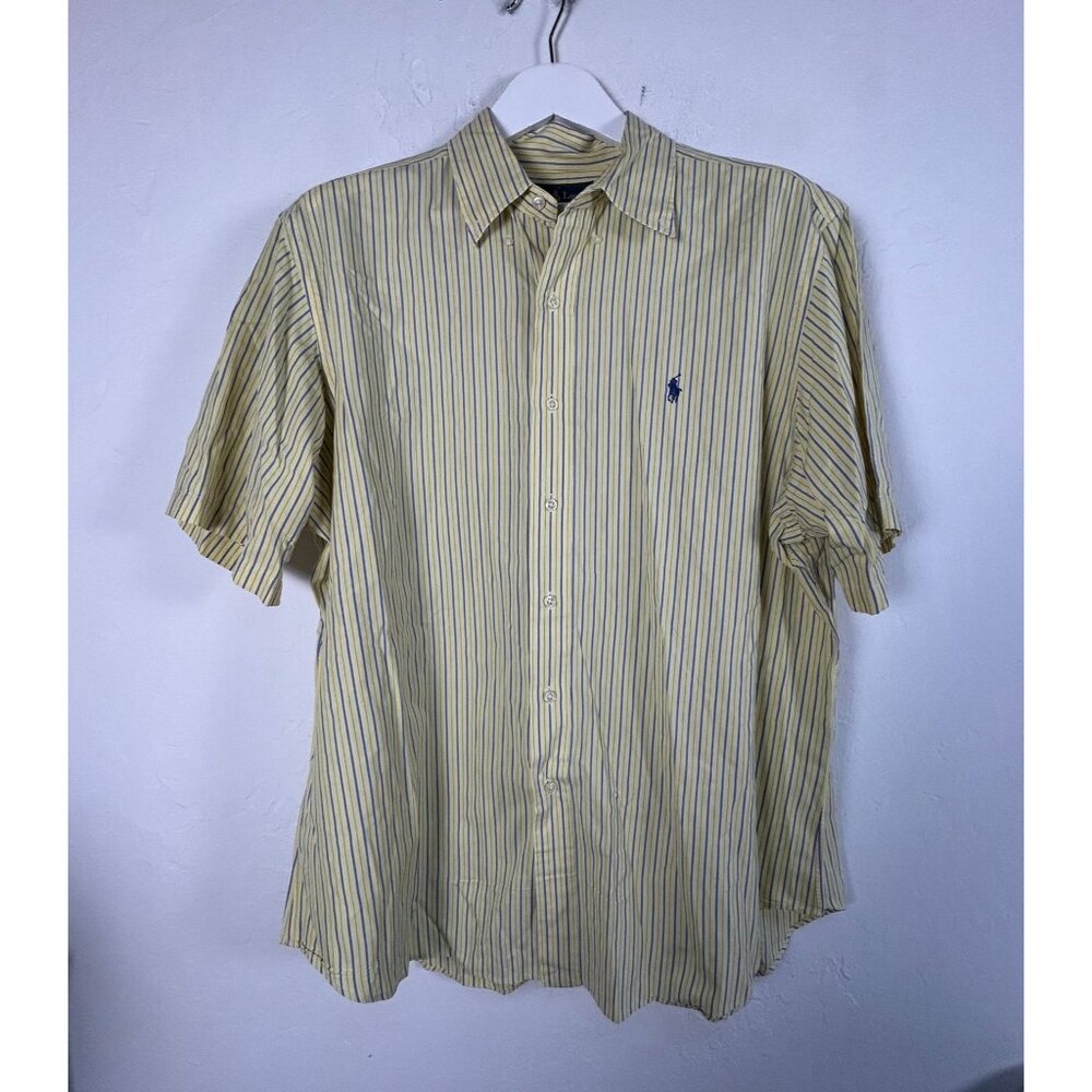 Ralph Lauren Mens Yellow Striped Classic Fit Button-Down Shirt XL Short Sleeve